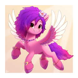 Size: 2000x2000 | Tagged: safe, artist:luminousdazzle, ruby jubilee, pegasus, pony, g5, my little pony: make your mark, my little pony: make your mark chapter 4, spoiler:my little pony: make your mark chapter 4, spoiler:mymc04e01, adoruby, bracelet, brown eyes, colored wings, curly mane, female, flower, flower in hair, flying, grin, high res, hoof fluff, jewelry, mare, multicolored wings, necklace, simple background, smiling, solo, spread wings, that was fast, unshorn fetlocks, wings
