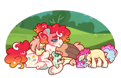 Size: 1335x863 | Tagged: safe, artist:queerhorses, fluttershy, pinkie pie, oc, oc:buttercream, oc:carpet moth, pony, g4, alternate design, female, filly, foal, lesbian, lying down, magical lesbian spawn, offspring, parent:fluttershy, parent:pinkie pie, parents:flutterpie, prone, ship:flutterpie, shipping, simple background, transparent background