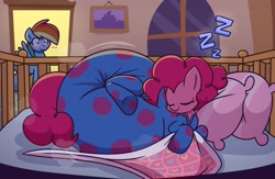 Size: 2929x1904 | Tagged: safe, artist:shslsadcat, pinkie pie, rainbow dash, earth pony, pegasus, pony, g4, ..., adult foal, bedroom, blanket, blush scribble, blushing, clothes, crib, diaper, diaper fetish, diaper under clothes, doorway, duo, duo female, eyes closed, female, fetish, footed sleeper, footie pajamas, high res, impossibly large diaper, mare, non-baby in diaper, onesie, onomatopoeia, pajamas, pillow, pinpoint eyes, poofy diaper, sleeping, sound effects, spread wings, wingboner, wings, zzz
