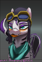 Size: 2836x4148 | Tagged: safe, artist:zlatdesign, oc, oc only, oc:catalina fairchild, zebra, bandana, bust, clothes, glasses off, glowing, glowing eyes, gradient background, helmet, painted, solo, steampunk, tail