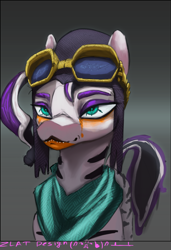 Size: 2836x4148 | Tagged: safe, artist:zlatdesign, derpibooru exclusive, oc, oc only, oc:catalina fairchild, zebra, bandana, bust, clothes, glasses off, glowing, glowing eyes, gradient background, helmet, painted, solo, steampunk, tail