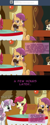 Size: 1000x2512 | Tagged: safe, artist:redheadfly, apple bloom, pound cake, scootaloo, sweetie belle, earth pony, pony, tumblr:ask-adultscootaloo, g4, cutie mark crusaders, drink, heart, heart eyes, milkshake, older, wingding eyes