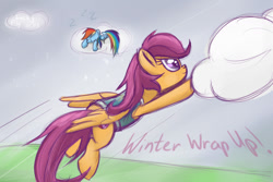 Size: 1200x800 | Tagged: safe, artist:redheadfly, rainbow dash, scootaloo, pegasus, pony, tumblr:ask-adultscootaloo, g4, winter wrap up, clothes, cloud, cloud moving, duo, eyes closed, female, flying, folded wings, lying down, mare, older, older scootaloo, on a cloud, onomatopoeia, prone, scootaloo can fly, sleeping, sleeping on a cloud, sleepydash, smiling, sound effects, spread wings, the cmc's cutie marks, vest, weather team, wings, winter wrap up vest, zzz