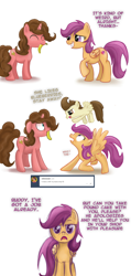 Size: 1200x2514 | Tagged: safe, artist:redheadfly, pound cake, scootaloo, oc, oc:banana pie, pony, unicorn, tumblr:ask-adultscootaloo, g4, banana, food, older