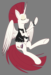 Size: 3248x4720 | Tagged: safe, alternate version, artist:modera, oc, oc:fausticorn, alicorn, pony, g4, alternate hairstyle, clothes, eyes closed, gray background, leather, leather vest, legitimately amazing mspaint, ms paint, partially open wings, simple background, solo, spiked wristband, vest, wings, wristband