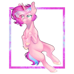 Size: 2449x2449 | Tagged: safe, artist:micky-ann, artist:prettyshinegp, oc, oc only, pony, unicorn, abstract background, belly, collaboration, high res, horn, smiling, solo, unicorn oc