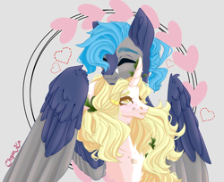 Size: 3672x3000 | Tagged: safe, artist:hell-fire13, oc, oc only, pegasus, pony, unicorn, abstract background, colored wings, duo, female, heart, high res, horn, hug, male, mare, oc x oc, pegasus oc, shipping, signature, stallion, straight, two toned wings, unicorn oc, wings