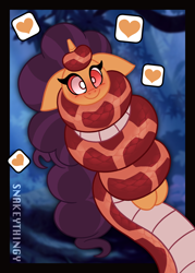Size: 2000x2800 | Tagged: safe, artist:snakeythingy, saffron masala, oc, oc:sketchy dupe, lamia, pony, snake, unicorn, g4, blushing, bondage, coiling, coils, heart, high res, hypno eyes, hypnosis, implied oc, lamiafied, offscreen character, smiling, species swap