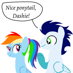 Size: 1400x1400 | Tagged: safe, artist:mlplary6, rainbow dash, soarin', pegasus, pony, g4, alternate hairstyle, boyfriend and girlfriend, duo, female, looking at each other, looking at someone, male, mare, ponytail, ship:soarindash, shipping, simple background, smiling, stallion, straight, text, white background