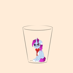 Size: 2048x2048 | Tagged: safe, artist:zugatti69, oc, oc only, pony, unicorn, blue eyes, bowtie, cup, cup of pony, cute, eyebrows, eyebrows visible through hair, floppy ears, glass, heterochromia, high res, micro, orange background, pink eyes, purple hair, sad, sadorable, simple background, sitting, smol, solo, tiny, tiny ponies