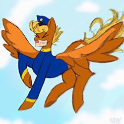 Size: 1080x1080 | Tagged: safe, artist:m0thz.155, swift reply, pegasus, pony, g4, blonde, clothes, cloud, female, flying, hat, letter, mare, mouth hold, signature, simple background, sky background, solo, spread wings, uniform, wings, xd