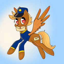 Size: 1080x1080 | Tagged: safe, artist:daily.shitfuck, swift reply, pegasus, pony, g4, blonde, clothes, female, flying, hat, letter, looking at you, mare, mouth hold, red eyes, signature, simple background, solo, spread wings, uniform, wings