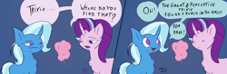 Size: 3694x1207 | Tagged: safe, artist:artsy madraw, starlight glimmer, trixie, pony, unicorn, g4, 2 panel comic, :i, blood, bloody mouth, comic, dialogue, dot eyes, duo, female, fiberglass, inconvenient trixie, insulation, magic, mare, open mouth, open smile, smiling, speech bubble, telekinesis, this will end in hospitalization, this will end in pain, this will not end well, too dumb to live