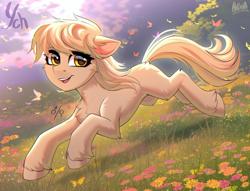 Size: 3800x2900 | Tagged: safe, artist:hakaina, butterfly, earth pony, pony, backlighting, bounding, butt fluff, cheek fluff, chest fluff, colored, commission, concave belly, cute, eyelashes, female, female symbol, field, floppy ears, flower, galloping, golden eyes, grass, high res, hoof fluff, hooves, in air, leg fluff, lighting, looking at you, male symbol, mare, meadow, open mouth, open smile, running, scenery, shading, signature, slender, smiling, smiling at you, solo, teeth, thin, three quarter view, unshorn fetlocks, ych sketch, yellow eyes, your character here