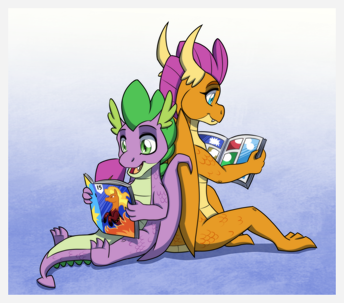 [artist:inuhoshi-to-darkpen,comic,commission,dragon,duo,female,open mouth,reading,safe,spike,wings,dragoness,back to back,smolder,gradient background,flare de mare,winged spike]