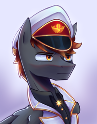 Size: 2226x2840 | Tagged: safe, artist:opal_radiance, oc, oc only, pegasus, pony, equestria at war mod, bust, captain hat, clothed ponies, clothes, commission, gradient background, high res, mod, pegasus oc, solar empire, solo, sternocleidomastoid, uniform, white suit