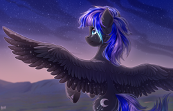 Size: 2500x1609 | Tagged: safe, artist:hakaina, oc, oc only, oc:rainfall (zeepurplefox), pegasus, pony, back, beautiful, blurry background, butt, colored, commission, commissioner:zeepurplefox, concave belly, ear fluff, female, flying, freckles, high res, hoof fluff, hooves, leg fluff, looking away, looking forward, looking up, mare, mountain, mountain range, outdoors, outline, plot, rear view, scenery, shading, signature, solo, spine, spread wings, star freckles, starry wings, stars, turquoise eyes, twilight (astronomy), underhoof, unshorn fetlocks, wings, ych result