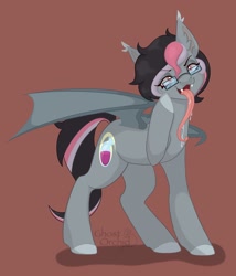 Size: 1756x2048 | Tagged: dead source, safe, artist:ghostorchid, oc, oc:soffybat, bat pony, pony, drool, fangs, forked tongue, glasses, long tongue, signature, solo, tongue out