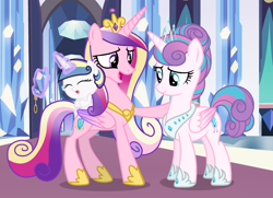 Size: 1744x1264 | Tagged: safe, artist:honeyloveponyartist, artist:quartziie, artist:siriussentry, princess cadance, princess flurry heart, oc, alicorn, pony, g4, baby, baby pony, base used, colored wings, concave belly, crown, crystal, crystal castle, eyelashes, female, folded wings, glowing, glowing horn, gradient wings, height difference, hoof on shoulder, hoof shoes, horn, indoors, jewelry, looking at each other, looking at someone, looking down, magic, mare, offspring, older, older flurry heart, parent:princess cadance, parent:shining armor, parents:shiningcadance, peytral, physique difference, princess shoes, regalia, slender, standing, story included, telekinesis, thin, trio, wings