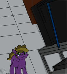 Size: 1638x1808 | Tagged: safe, artist:wyntermoon, oc, oc:wyntermoon, earth pony, pony, classroom, colt, falling, foal, looking up, male, solo, stallion, television, younger