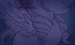 Size: 1067x645 | Tagged: safe, anonymous artist, opaline arcana, alicorn, pony, series:misty pov, g5, angry, dialogue, female, implied misty brightdawn, limited palette, mare, opabitch, side view, solo, spread wings, this will end in pain, this will end in tears, this will not end well, wings