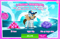 Size: 1962x1297 | Tagged: safe, gameloft, tight ship, pegasus, pony, g4, my little pony: magic princess, advertisement, clothes, costs real money, english, facial hair, gem, hat, headphones, introduction card, magic coins, male, mobile game, moustache, numbers, sale, solo, spread wings, stallion, text, wings