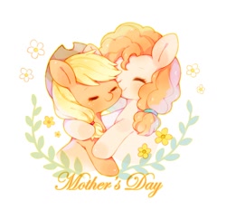 Size: 950x880 | Tagged: safe, artist:yinyan_0409, applejack, pear butter, earth pony, pony, g4, applejack's hat, cowboy hat, cute, duo, duo female, eyes closed, female, flower, hat, hug, jackabetes, mare, mother and child, mother and daughter, mother's day, pearabetes, simple background, smiling, white background