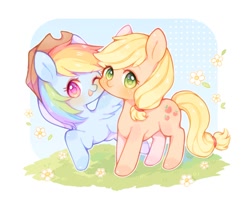 Size: 850x674 | Tagged: safe, artist:yinyan_0409, applejack, rainbow dash, earth pony, pegasus, pony, g4, accessory swap, applejack's hat, cowboy hat, cute, dashabetes, duo, duo female, female, flower, grass, hat, jackabetes, lesbian, looking at you, mare, one eye closed, open mouth, open smile, ship:appledash, shipping, simple background, smiling, smiling at you, spread wings, white background, wings, wink, winking at you