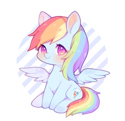 Size: 1183x1149 | Tagged: safe, artist:yinyan_0409, rainbow dash, pegasus, pony, g4, abstract background, blushing, colored pinnae, colored pupils, cute, dashabetes, female, looking at you, mare, sitting, smiling, smiling at you, solo, spread wings, white background, wings