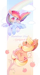 Size: 800x1500 | Tagged: safe, artist:yinyan_0409, applejack, rainbow dash, earth pony, pegasus, pony, g4, apple, applejack's hat, cloud, cowboy hat, cute, dashabetes, duo, duo female, female, flying, food, hat, jackabetes, lesbian, mare, rainbow, ship:appledash, shipping, spread wings, wings