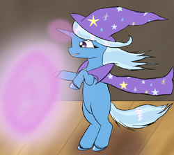 Size: 1900x1700 | Tagged: safe, artist:php176, derpibooru exclusive, part of a set, trixie, pony, unicorn, series:the grand equestria talent show, g4, bipedal, cape, clothes, context in description, dancing, dialogue in the description, female, glowing, glowing horn, grin, hat, horn, magic, mare, part of a series, smiling, solo, stage, talent show, trixie's cape, trixie's hat, windswept mane