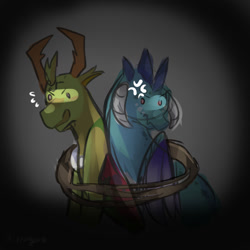 Size: 1024x1024 | Tagged: safe, artist:shippinglore, princess ember, thorax, changedling, changeling, dragon, g4, bondage, bound together, cross-popping veins, emanata, female, kidnapped, king thorax, male, ship:embrax, shipping, straight, sweat, sweatdrops