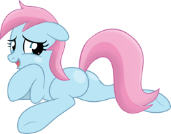 Size: 2354x1844 | Tagged: safe, artist:tankman, oc, oc only, oc:water lilly, earth pony, pony, blue eyes, blue skin, blushing, butt, embarrassed, female, looking at you, mare, pink mane, pink tail, plot, simple background, smiling, smiling at you, solo, tail, transparent background