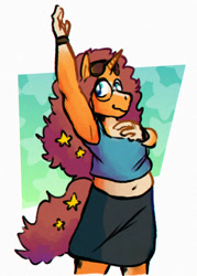 Size: 762x1063 | Tagged: safe, artist:punkittdev, oc, oc only, oc:star magnolia, unicorn, anthro, arm behind head, armpits, belly button, chubby, glasses, midriff, simple background, solo, sunglasses, sunglasses on head, white background