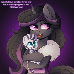 Size: 3000x3000 | Tagged: safe, artist:madelinne, oc, oc only, oc:mimicry, changeling, pony, zebra, baby, baby pony, clothes, duo, high res, holding a pony, horn, purple changeling, text