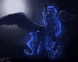 Size: 5000x4000 | Tagged: safe, artist:stardustspix, princess luna, alicorn, pony, g4, absurd resolution, blurry background, colored eyebrows, colored eyelashes, constellation, constellation hair, ethereal mane, ethereal tail, glowing, glowing mane, horn, solo, spread wings, starry mane, sternocleidomastoid, tail, wings