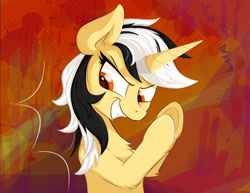 Size: 1714x1325 | Tagged: safe, artist:行豹cheetahspeed, oc, oc only, oc:autumn trace, pony, unicorn, black and white mane, evil grin, facial expressions, grin, horn, orange eyes, red background, smiling, yellow skin