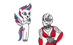 Size: 1500x929 | Tagged: safe, artist:robertsonskywa1, zipp storm, gynoid, pegasus, pony, robot, g5, 10th anniversary, 2013, 2023, arcee, duo, female, legacy, liza koshy, simple background, transformers, transformers rise of the beasts, voice actor joke, white background