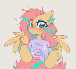 Size: 1950x1775 | Tagged: safe, artist:mirtash, fluttershy, pegasus, pony, g4, anxiety, clothes, crying, ear fluff, looking at you, shirt, simple background, solo, spread wings, t-shirt, wings