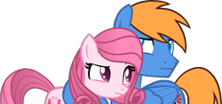 Size: 1059x498 | Tagged: safe, artist:muhammad yunus, artist:sapphireartemis, oc, oc only, oc:annisa trihapsari, oc:rozyfly, earth pony, pegasus, pony, g4, alternate hairstyle, duo, earth pony oc, female, mare, open mouth, open smile, pegasus oc, shipping, simple background, smiling, transparent background