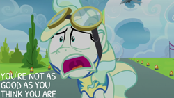 Size: 1920x1080 | Tagged: safe, edit, edited screencap, editor:quoterific, screencap, vapor trail, pegasus, pony, g4, top bolt, clothes, faic, female, goggles, implied sky stinger, mare, open mouth, solo, uniform, vapor's confession, wonderbolt trainee uniform