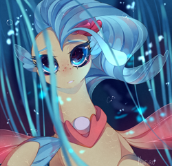 Size: 4300x4151 | Tagged: safe, artist:kefirro7, princess skystar, seapony (g4), g4, my little pony: the movie, absurd resolution, blue eyes, blue mane, bubble, bust, digital art, eyelashes, female, fin wings, fins, floppy ears, flower, flower in hair, flowing mane, freckles, jewelry, looking at you, necklace, ocean, pearl necklace, seaquestria, signature, smiling, smiling at you, solo, spread wings, swimming, underwater, water, wings