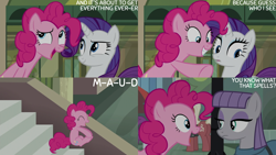 Size: 4400x2475 | Tagged: safe, edit, edited screencap, editor:quoterific, screencap, beaude mane, maud pie, pinkie pie, rarity, silver berry, earth pony, pony, unicorn, g4, the gift of the maud pie, background pony, blue eyeshadow, clothes, excited, eyes closed, eyeshadow, female, frown, grin, happy, makeup, mare, neutral, open mouth, open smile, pointing, purple eyeshadow, shirt, siblings, sisters, smiling, spelling, stairs, trio focus
