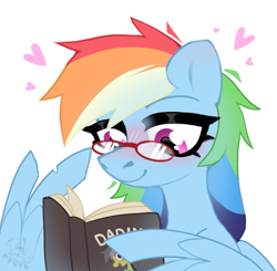 Size: 941x924 | Tagged: safe, artist:rtootb, daring do, rainbow dash, pegasus, pony, g4, blushing, book, bust, colored wings, cute, daring do book, digital art, ears up, egghead dash, female, glasses, heart, looking down, mare, no shading, pink eyes, portrait, reading, reading glasses, simple background, smiling, solo, white background, wing hands, wings