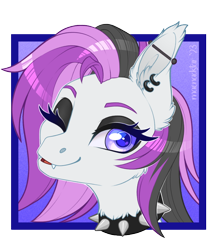 Size: 700x805 | Tagged: safe, artist:silkensaddle, oc, oc:moonstone, bat pony, cheek fluff, choker, ear fluff, ear piercing, eyeshadow, fangs, looking at you, makeup, one eye closed, passepartout, piercing, spiked choker