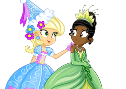 Size: 4093x2894 | Tagged: safe, artist:rainshadow, applejack, human, equestria girls, g4, african american, applejack also dresses in style, bare shoulders, beautiful, black hair, clothes, dark skin, disney, disney princess, dress, duo, equestria girls-ified, female, froufrou glittery lacy outfit, gown, hat, hennin, jewelry, princess, princess applejack, princess costume, princess tiana, puffy sleeves, simple background, sleeveless, strapless, the princess and the frog, tiana, transparent background