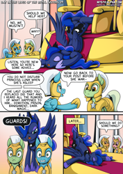 Size: 2171x3070 | Tagged: safe, artist:mysticalpha, princess luna, alicorn, earth pony, pegasus, pony, unicorn, comic:day in the lives of the royal sisters, g4, armor, both cutie marks, dialogue, earth pony royal guard, high res, pegasus royal guard, royal guard, sleeping, speech bubble, throne