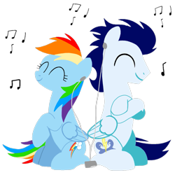 Size: 1099x1099 | Tagged: safe, artist:mlplary6, rainbow dash, soarin', pegasus, pony, g4, ^^, boyfriend and girlfriend, duo, earbuds, eyes closed, female, listening, listening to music, male, mare, mp3 player, music, music notes, sharing, sharing headphones, ship:soarindash, shipping, simple background, sitting, smiling, stallion, straight, transparent background, vector