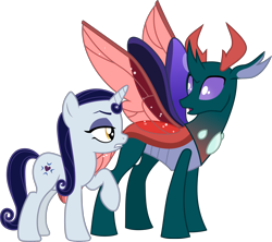 Size: 3488x3098 | Tagged: safe, artist:cloudy glow, artist:frownfactory, edit, vector edit, moonlight raven, pharynx, changedling, changeling, pony, unicorn, g4, to change a changeling, .svg available, antlers, crack shipping, duo, duo male and female, female, green coat, high res, horn, male, mare, prince pharynx, purple eyes, raised hoof, red wings, ship:ravenpharynx, shipping, simple background, straight, transparent background, transparent wings, vector, wings