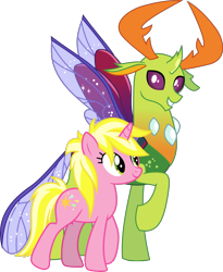 Size: 2403x2927 | Tagged: safe, artist:cloudy glow, artist:lightningbolt, derpibooru exclusive, edit, vector edit, sunshine smiles, thorax, changedling, changeling, pony, unicorn, canterlot boutique, g4, .ai available, .svg available, crack shipping, curved horn, duo, duo male and female, female, grin, happy, high res, horn, horns, insect wings, king thorax, looking at you, male, mare, raised hoof, ship:sunshinerax, shipping, show accurate, simple background, smiling, spread wings, standing, straight, svg, transparent background, vector, wings